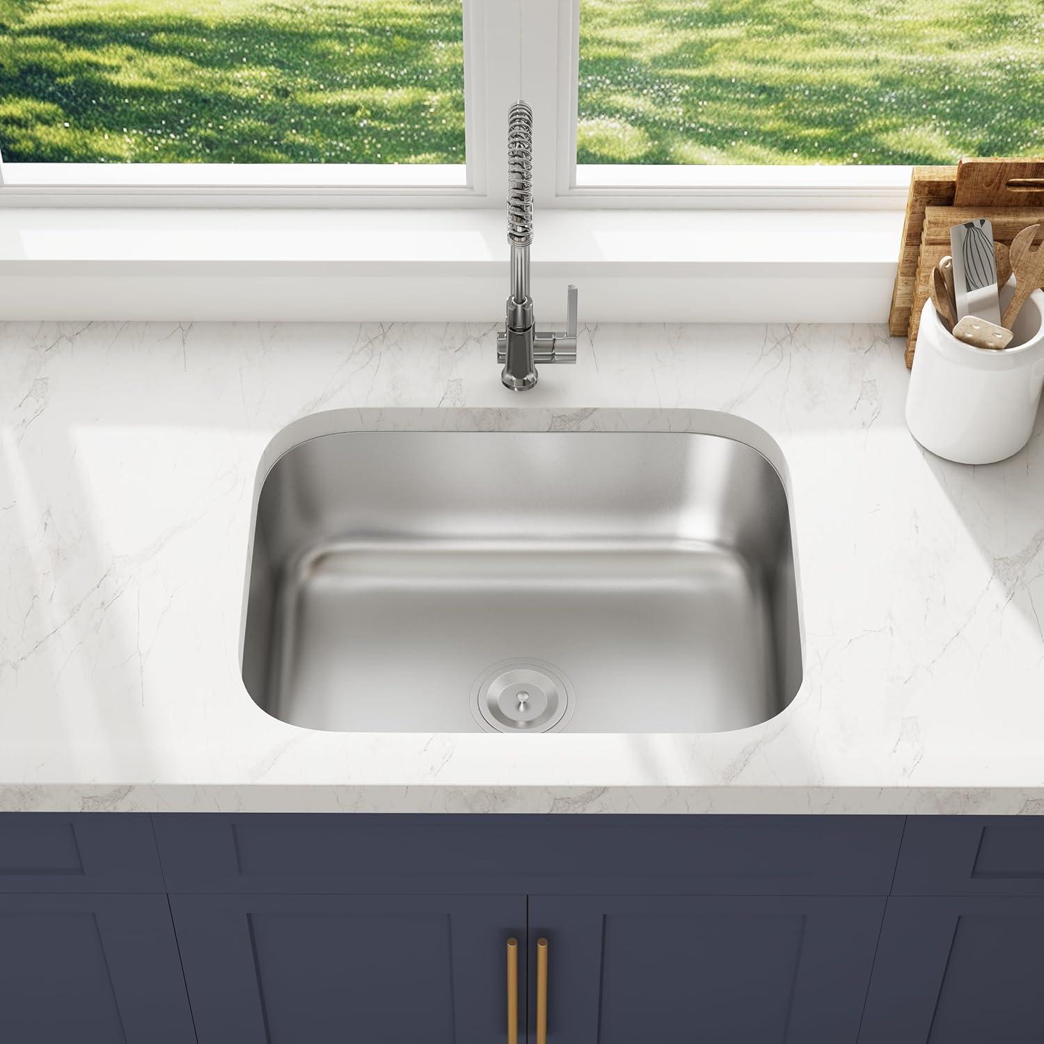 Blenzia 23 Inch Curved Undermount Kitchen Sink 304 Stainless Steel 18 Gauge Single Bowl Sink 23" x 18" x 9"