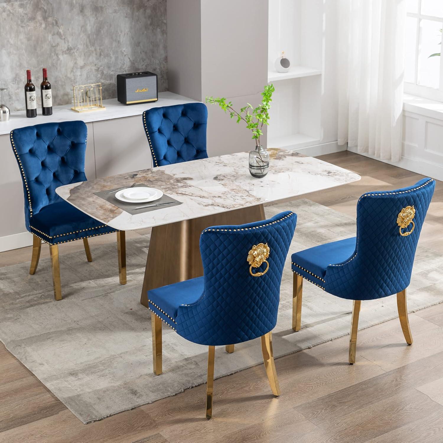 ODUSE-DAILY Velvet Dining Chairs Set of 4, Navy Kitchen & Dining Room Chairs, Tufted Dining Chairs, Fabric Upholstered, Solid Wood, Sillas De Comedor (Blue, 4 Pcs)