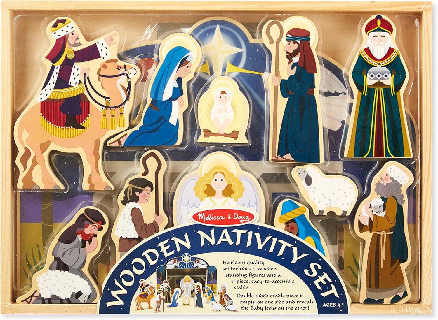 Melissa & Doug Classic Wooden Christmas Nativity Set With 4-Piece Stable and 11 Wooden Figures