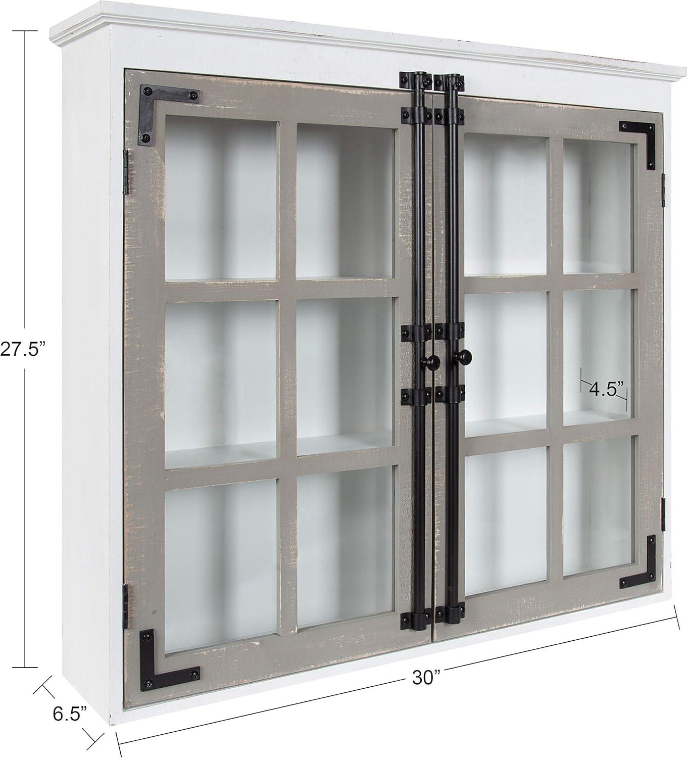 Kate and Laurel Hutchins Farmhouse Wood Decorative Cabinet, 30 x 6.5 x 27.5, White and Gray, Wall Cabinet with Window Pane Glass Doors