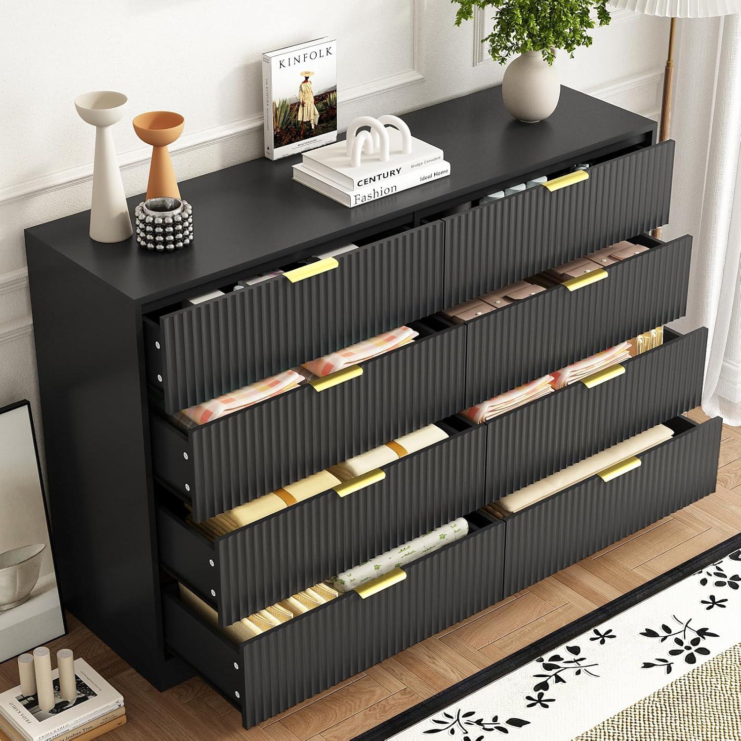 Fluted Dresser For Bedroom With 8 Drawers, 55" Wide Modern Chest Of Drawers With Metal Handle