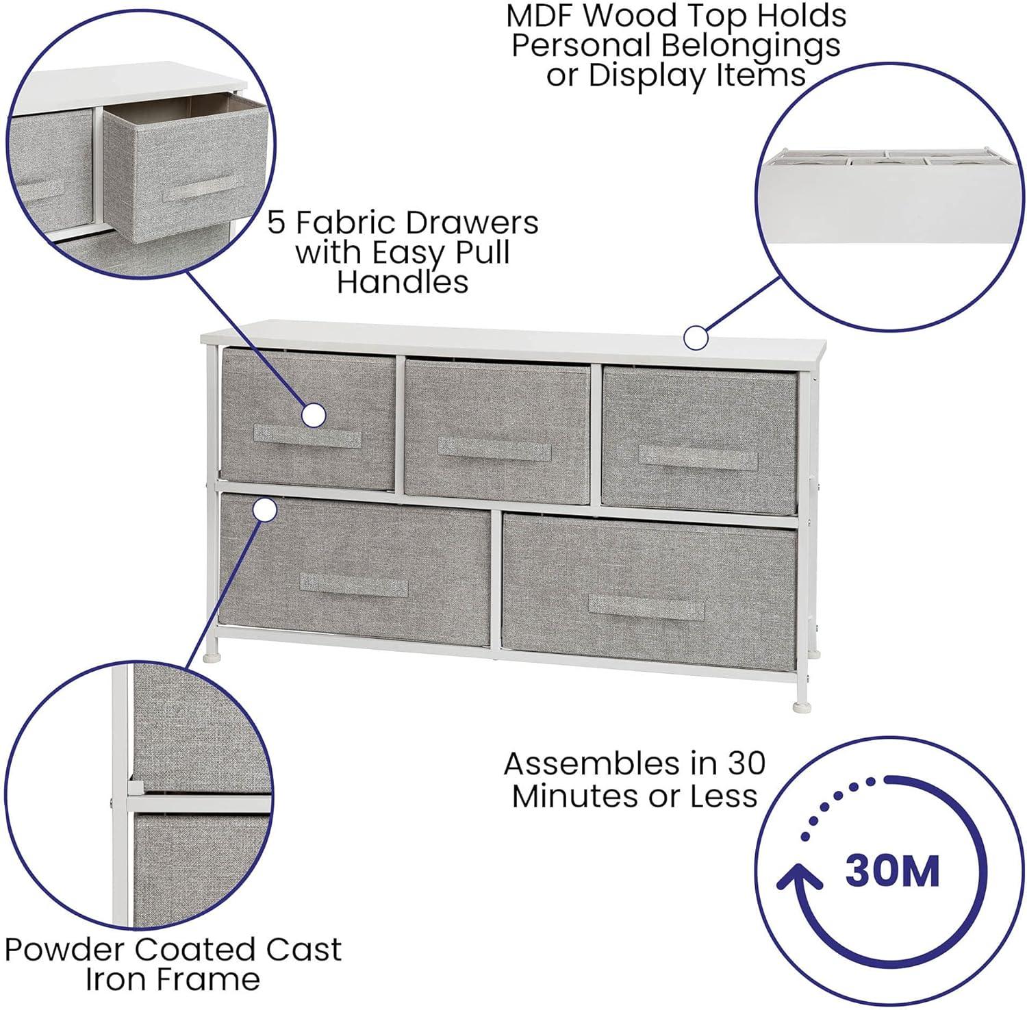 Flash Furniture 5 Drawer Wood Top Cast Iron Frame Storage Dresser with Easy Pull Fabric Drawers