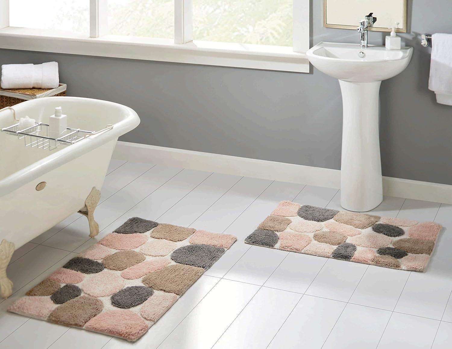 Pebble Pattern Pink and Gray Cotton Bath Mat Set