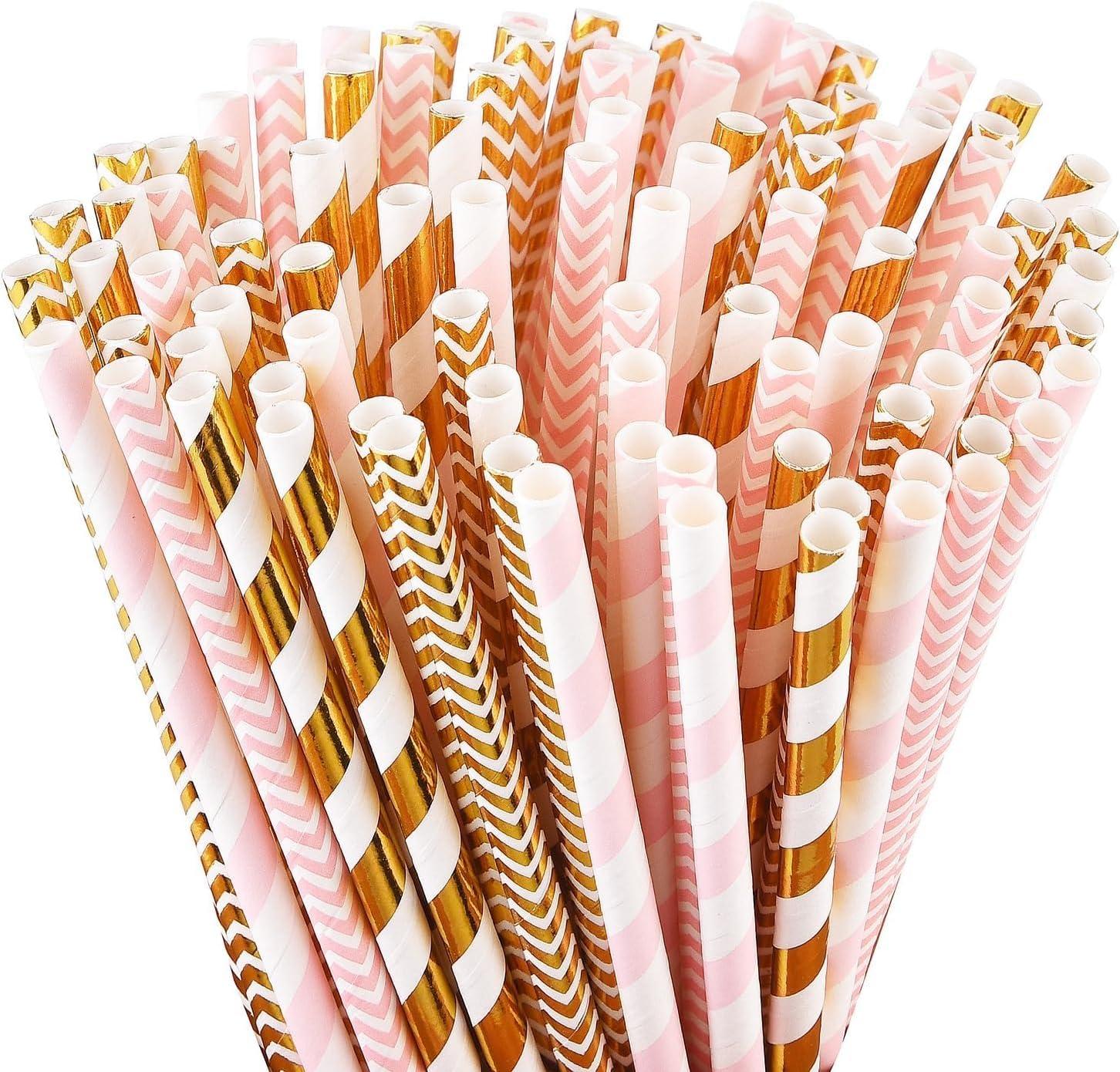 ALINK Biodegradable Paper Straws, 100 Pink and Gold Straws for Party Supplies, Birthday, Wedding, Bridal/Baby Shower, Christmas Decorations and Holiday Celebrations