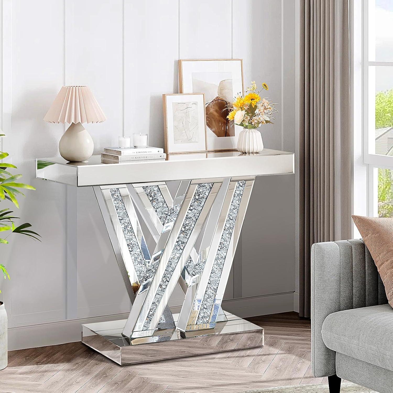 Modern Entryway Console Table With Crushed Diamond Inlay, 35" Silver Mirrored Glass Hallway Table For Entryway, Glam Decorative Sofa Tables For Living Room