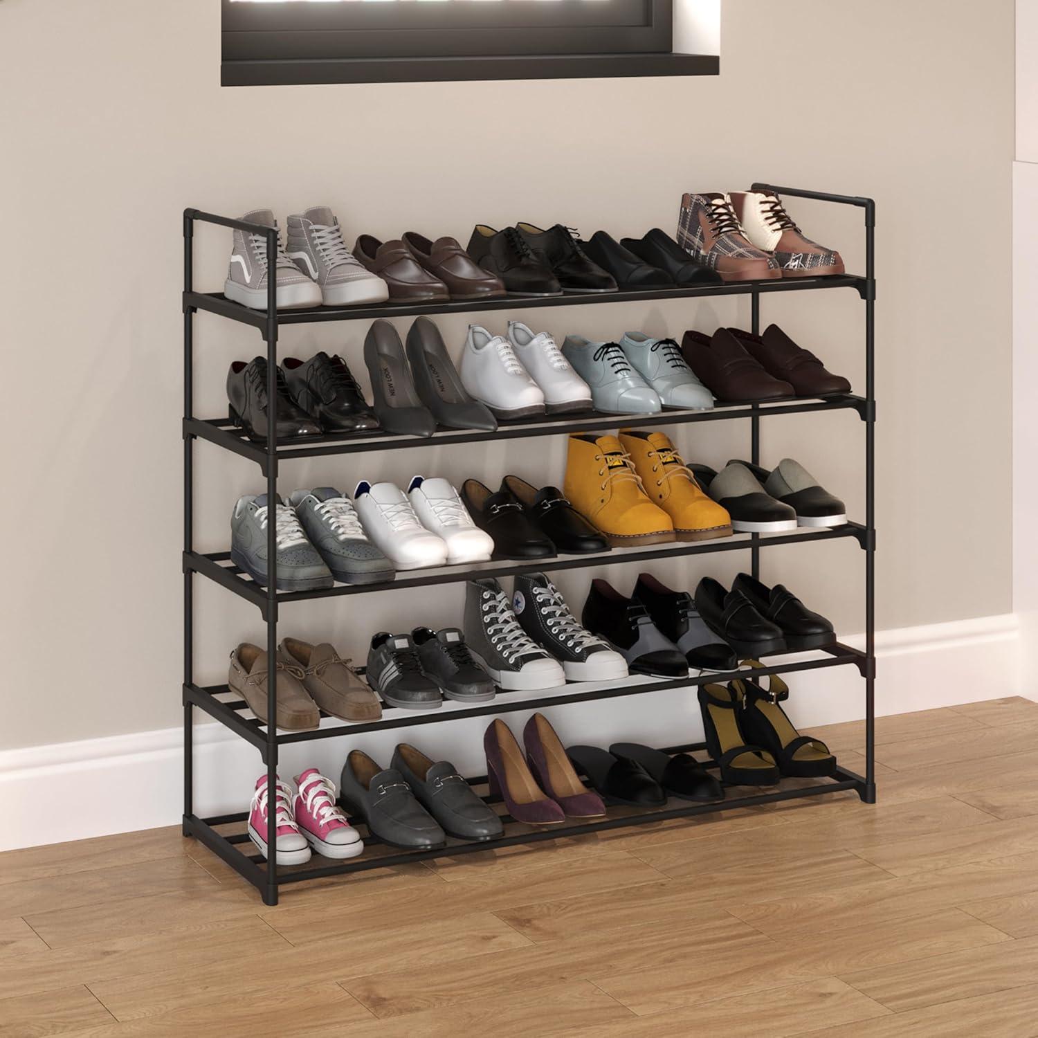 Black 5-Tier Stackable Metal and Plastic Shoe Rack