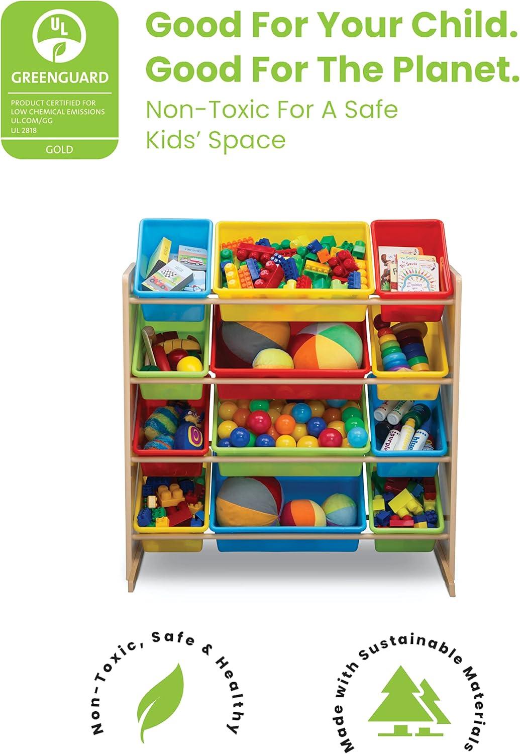 Natural Wood Kids Storage Organizer with Primary Color Bins