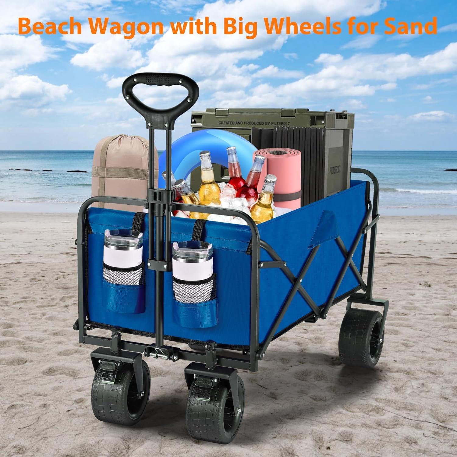 Clearance! Outdoor Utility Wagon Cart with Cup Holdler, Large Capacity Folding Wagon Garden Shopping Beach Cart,Heavy Duty Foldable Cart, for Outdoor Activities, Beaches, Parks, Camping (Blue)