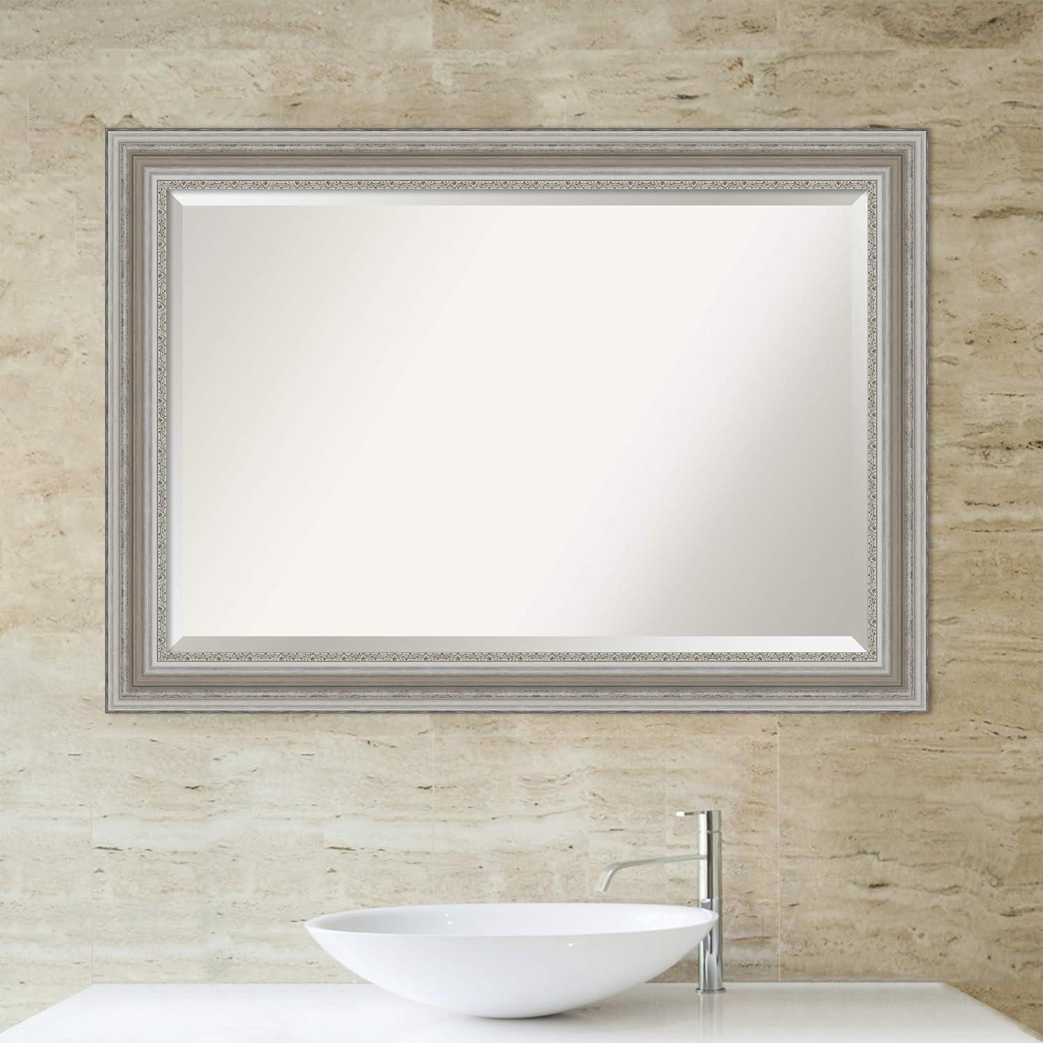Amanti Art 42" x 30" Parlor Framed Bathroom Vanity Wall Mirror Silver: Modern Style, Beveled Glass, Wood Frame, Wall Mounted