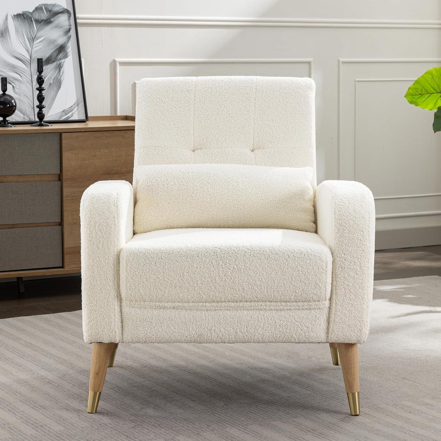 White Upholstered Modern Accent Chair with Wooden Legs