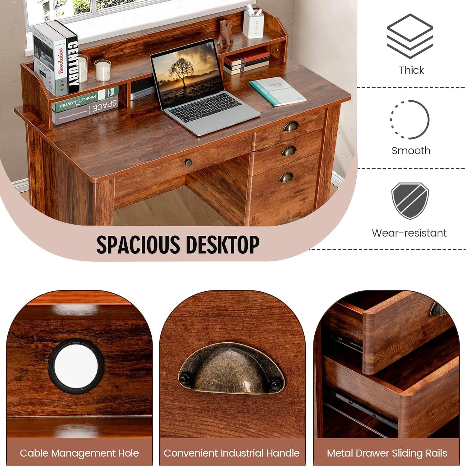 GVN Vintage Computer Desk with Storage Shelves and 4 Drawers-Rustic Brown, Desk for Bedroom, Gaming Computer Desks for Study,Working,Writing