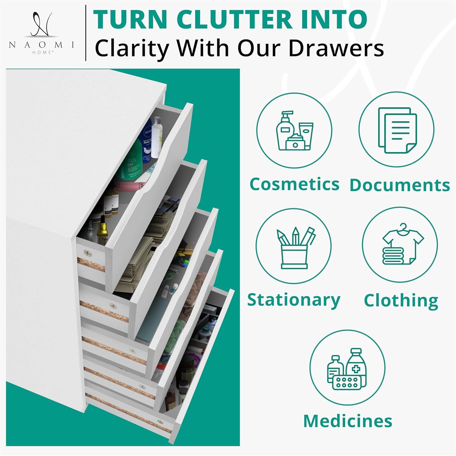 Naomi Home 5 Drawer Dresser, Tall Dressers for bedroom, Kids dresser with Wheels, Durable Storage dresser, Small Dresser for Closet, Makeup dresser with 180 lbs Capacity – White