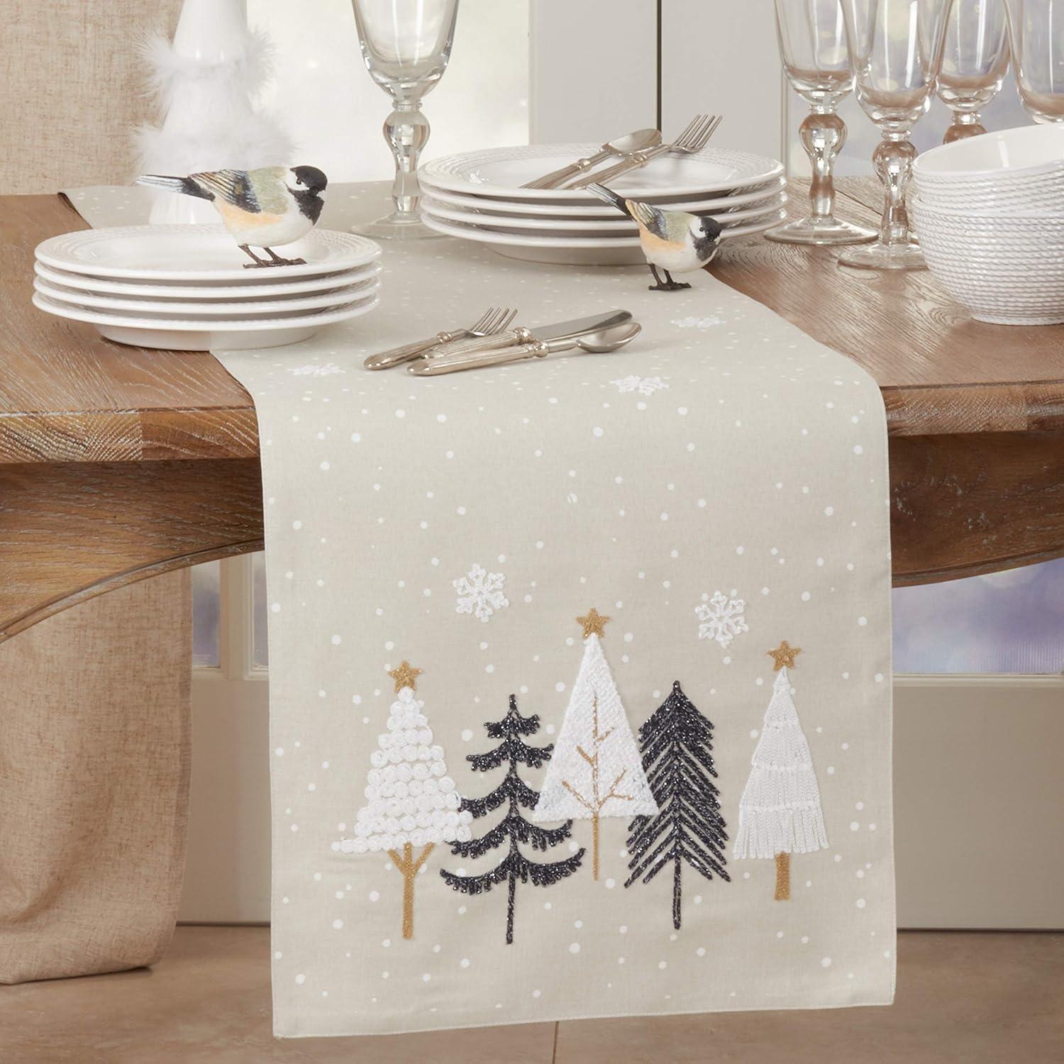 Embroidered Beige Christmas Trees Polyester Table Runner