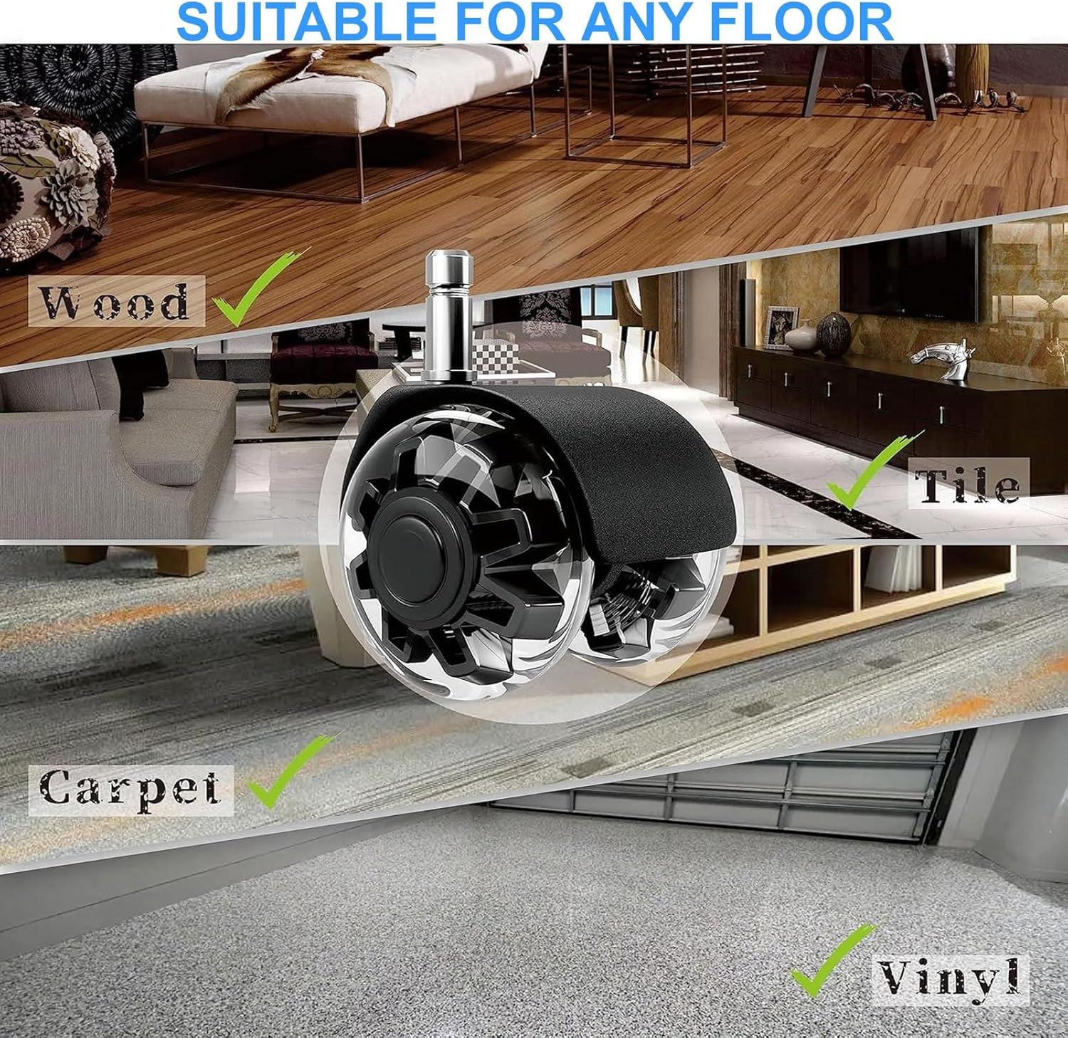 Office Chair Caster Wheels 2" Dual Wheels Set of 5 for Tile and Hardwood Floors, Universal Fit for Most Chairs (Transparent)
