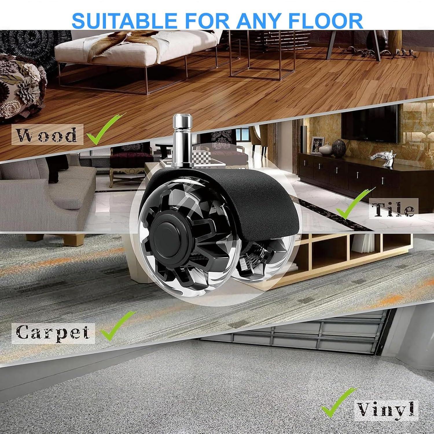 Office Chair Caster Wheels 2" Dual Wheels Set of 5 for Tile and Hardwood Floors, Universal Fit for Most Chairs (Transparent)