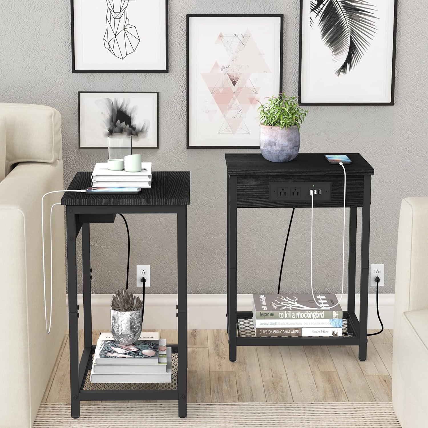 Narrow Side Table Set of 2 with Charging Station, Small End Tables for Small Spaces, 3-Tier Skinny Side Table, Narrow End Table with USB Ports, Narrow Nightstand Set 2, Black