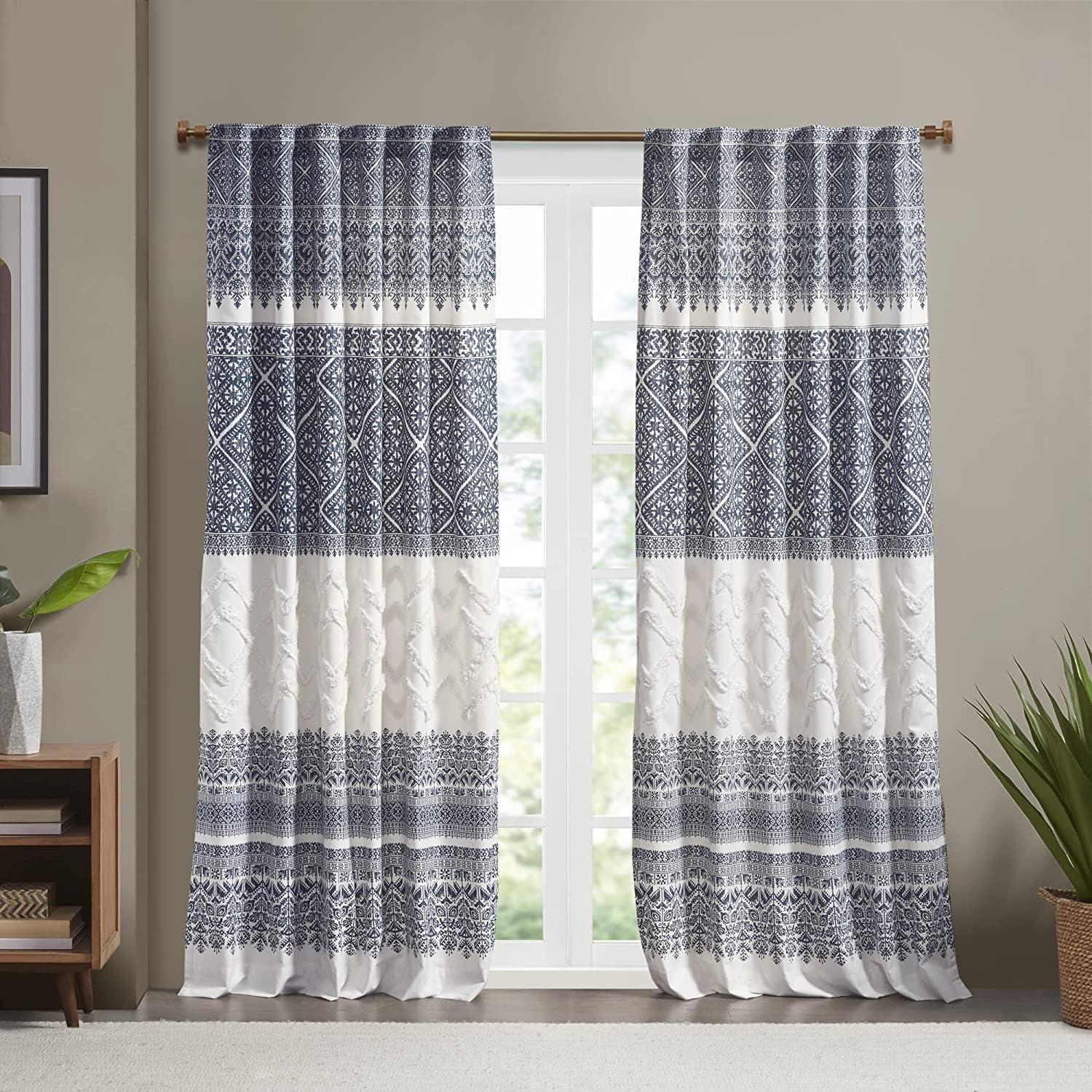 Navy and White Cotton Boho Chenille Curtain Panel