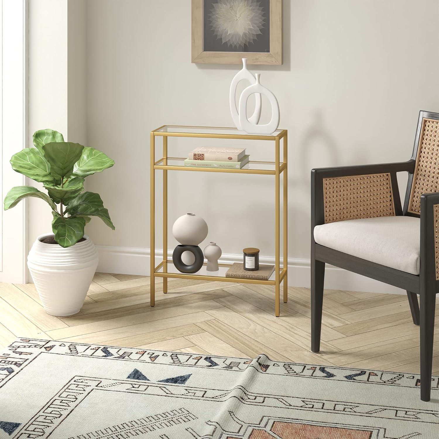 Siviline Compact Brass and Glass Console Table with Storage