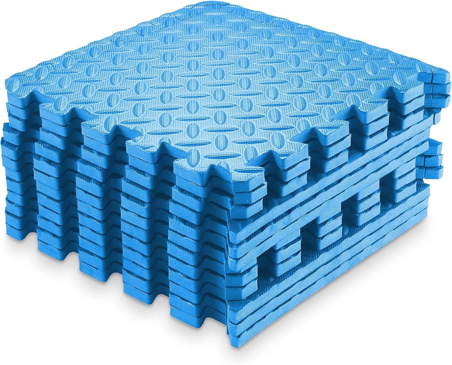 Philosophy Gym Pack of 12 Exercise Flooring Mats - 12 x 12 Inch Foam Rubber Interlocking Puzzle Floor Tiles - Blue