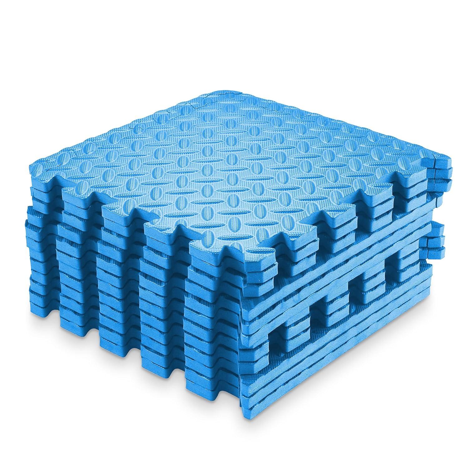 Philosophy Gym Pack of 12 Exercise Flooring Mats - 12 x 12 Inch Foam Rubber Interlocking Puzzle Floor Tiles - Blue