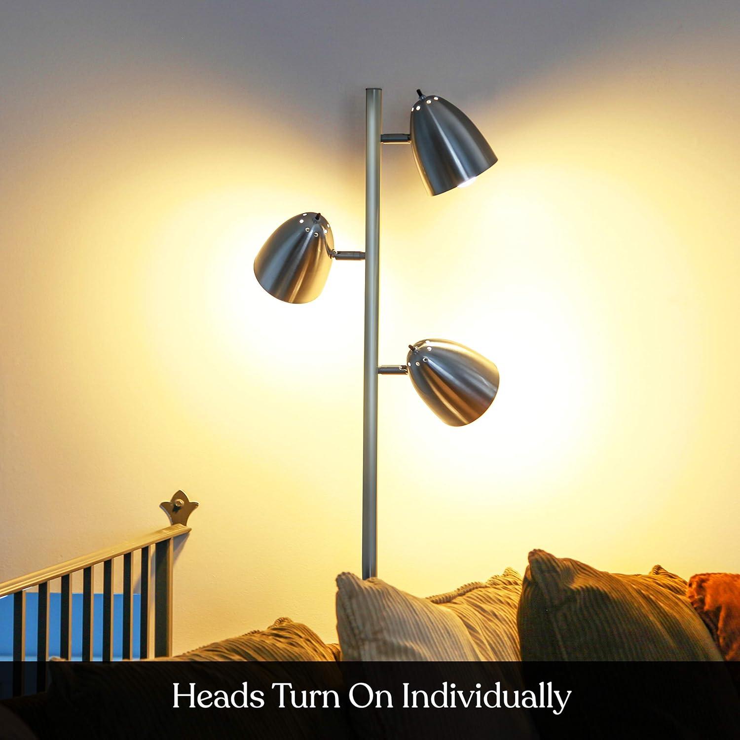 Brightech Jacob 64" Modern 3-Light Adjustable LED Floor Lamp with Silver Finish and Metal Cone Shades, Bulbs Included