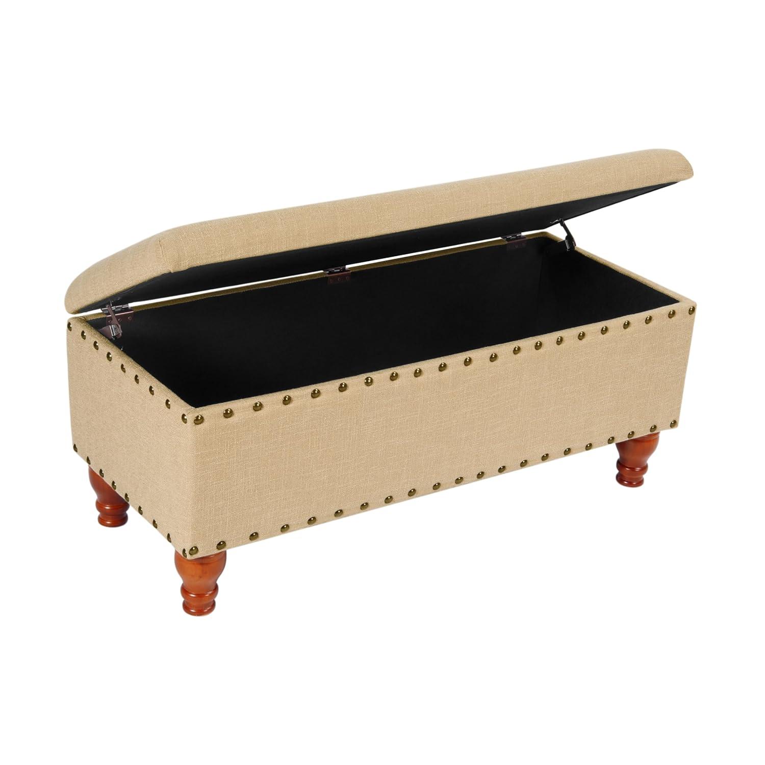Large Storage Bench with Nailhead Tan - HomePop: Upholstered, Wood Legs, Hinged Lid