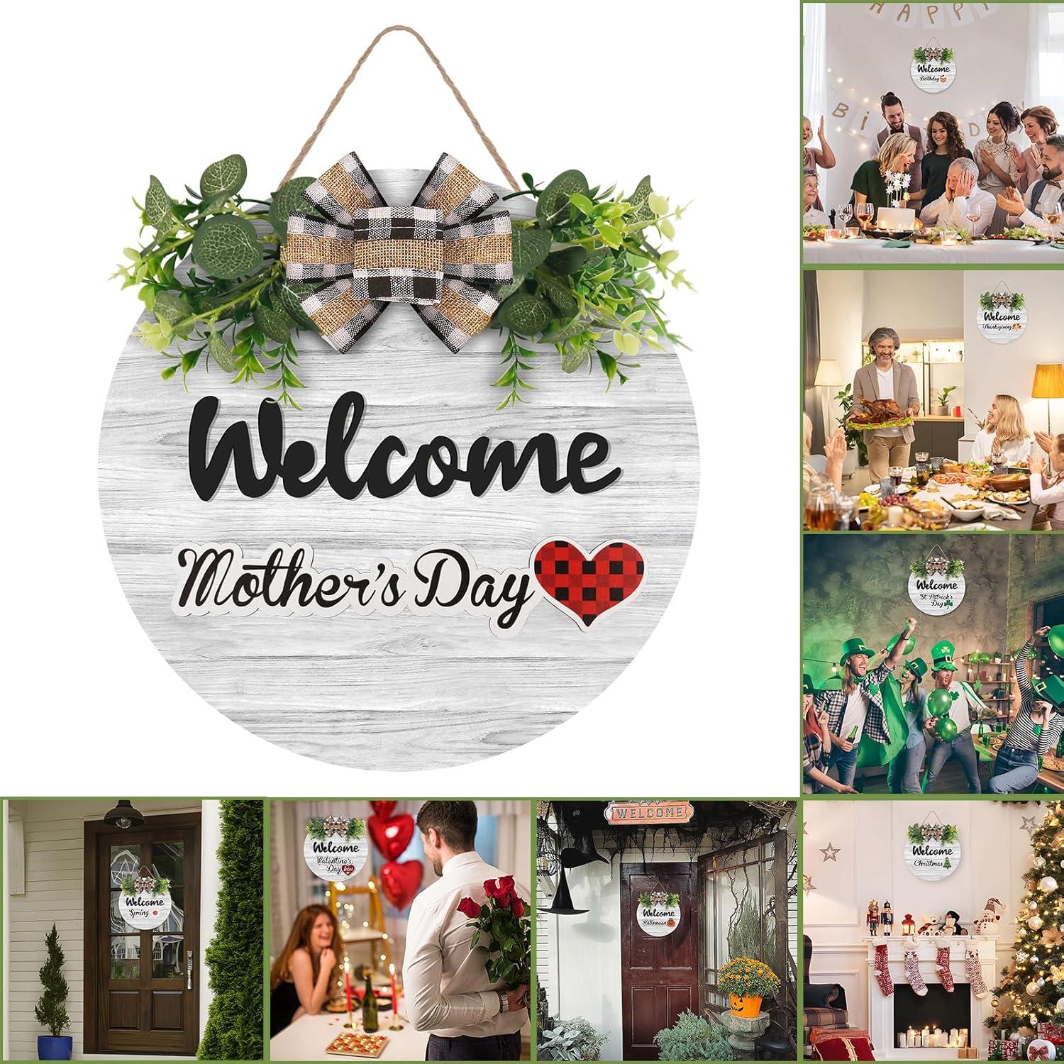 RoseCraft Interchangeable Wooden Seasonal White Welcome Sign, Rustic Welcome Front Door Wreaths for Home Wall Porch Decor, for Easter Spring Summer Fall Halloween Christmas All Season Decorations.