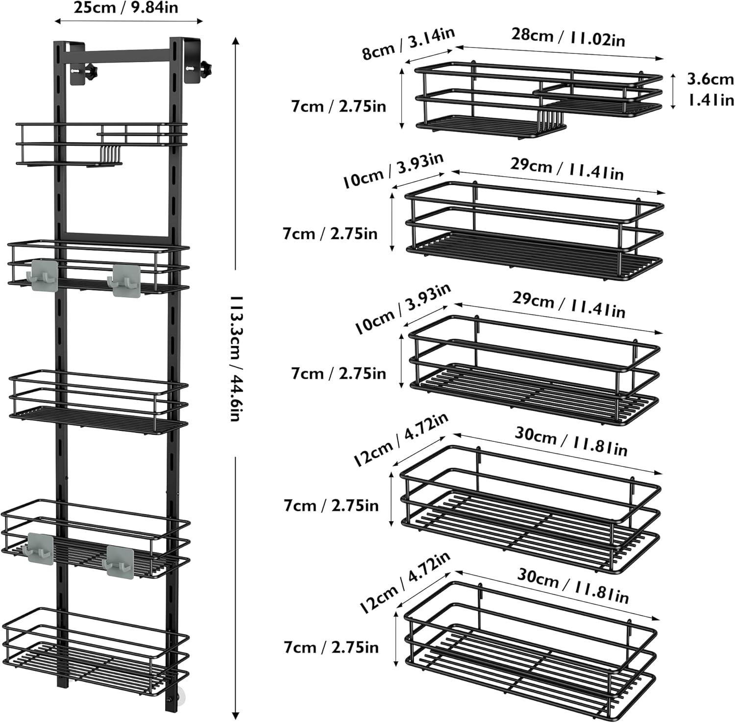 Black Metal Over the Door Adjustable 5-Tier Shower Caddy