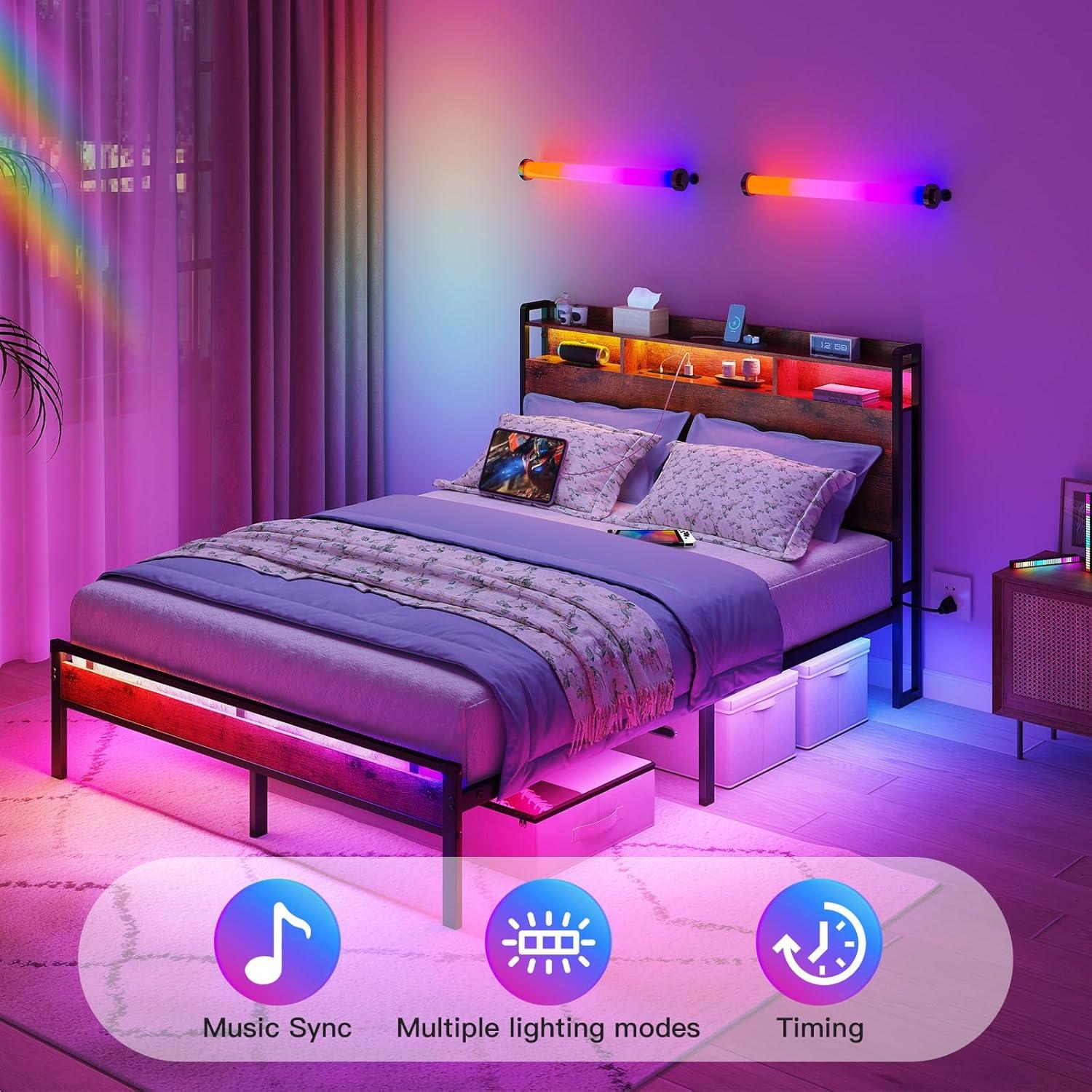 KKL Twin Bed Frames, Storage Headboard with Charging Station, RGB Light Strips, Solid and Stable, Noise Free, No Box Spring Needed, Easy Assembly, Rustic Brown