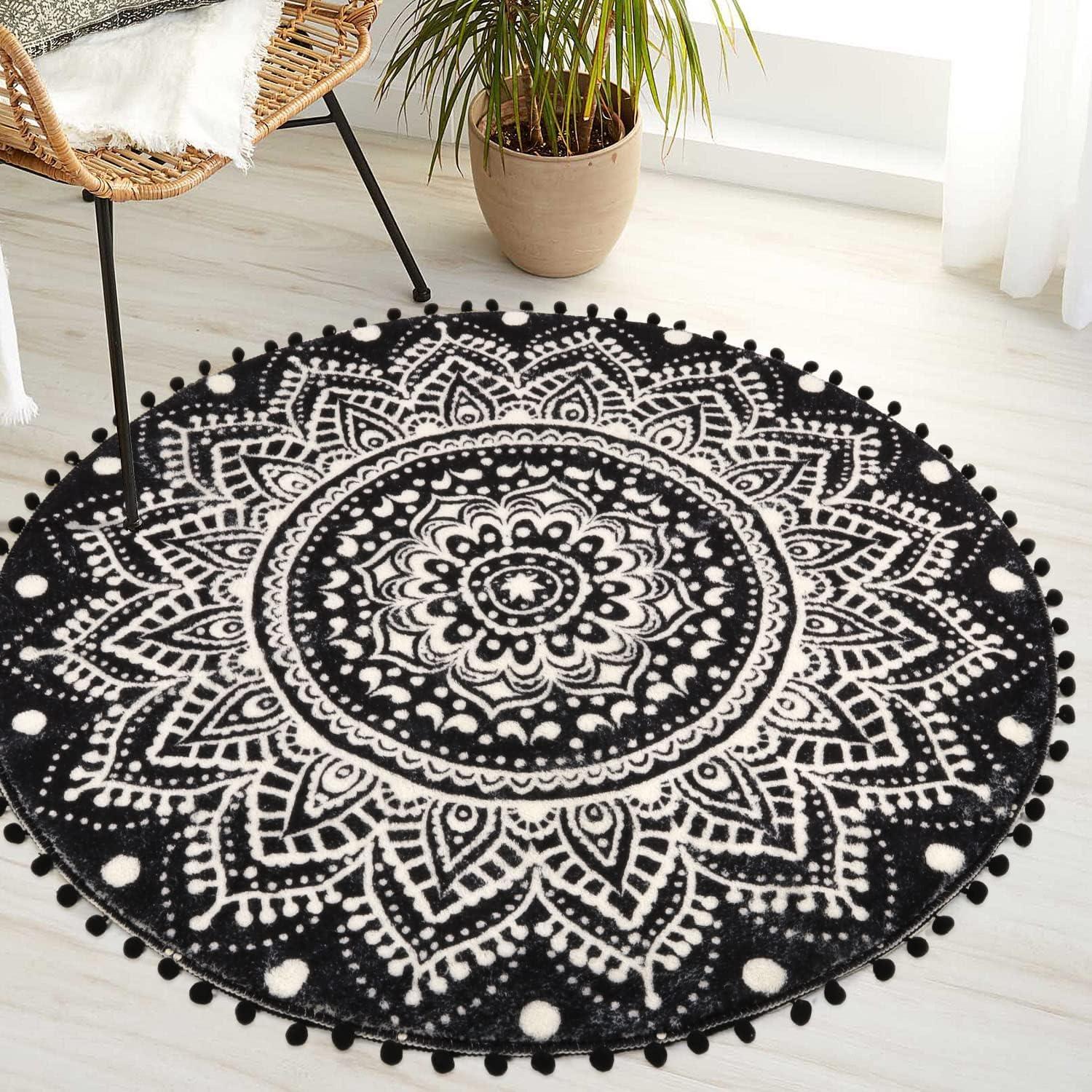 Black and White Round Boho Mandala Tufted Rug with Pom Poms