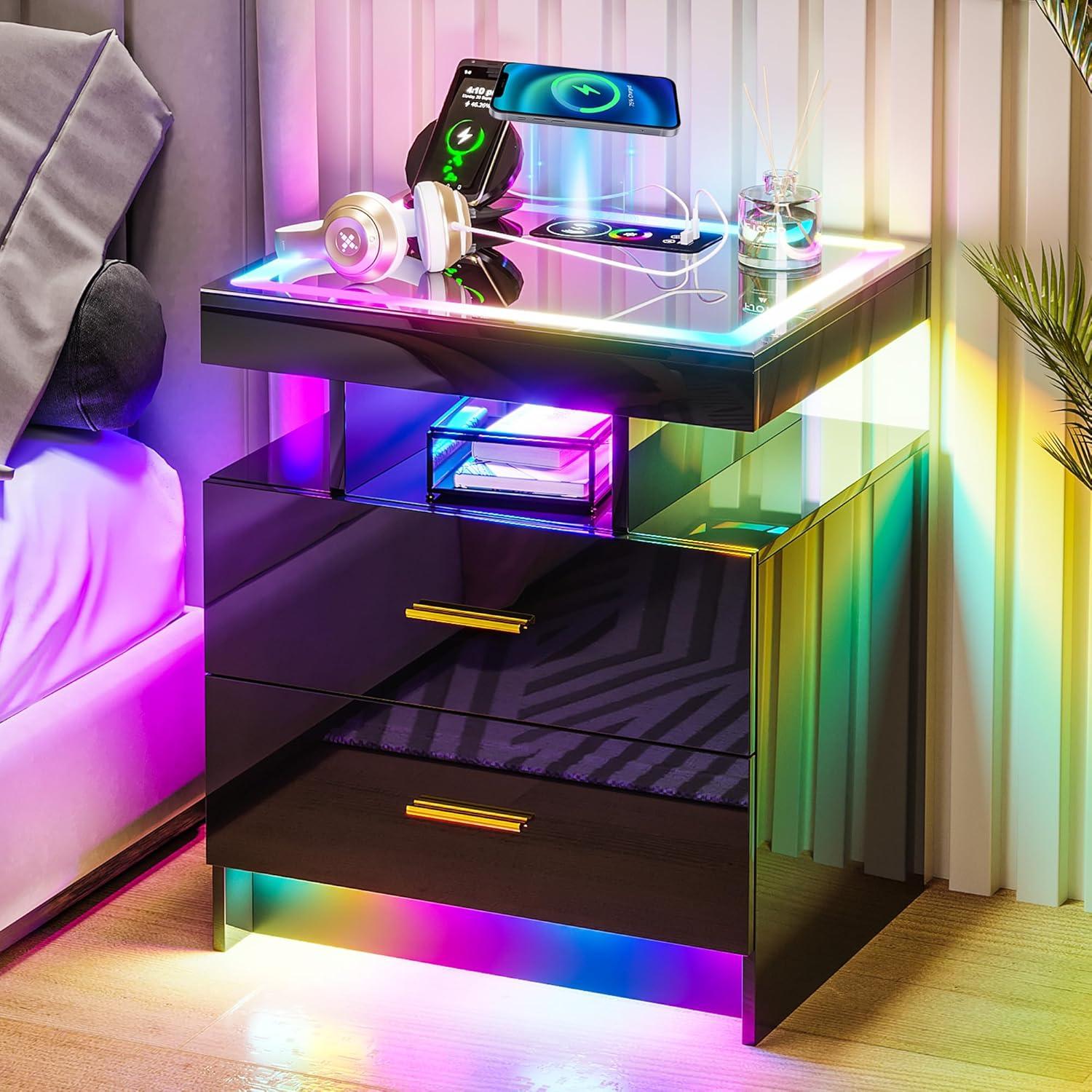 Black High Gloss 3-Drawer Nightstand with LED Lights