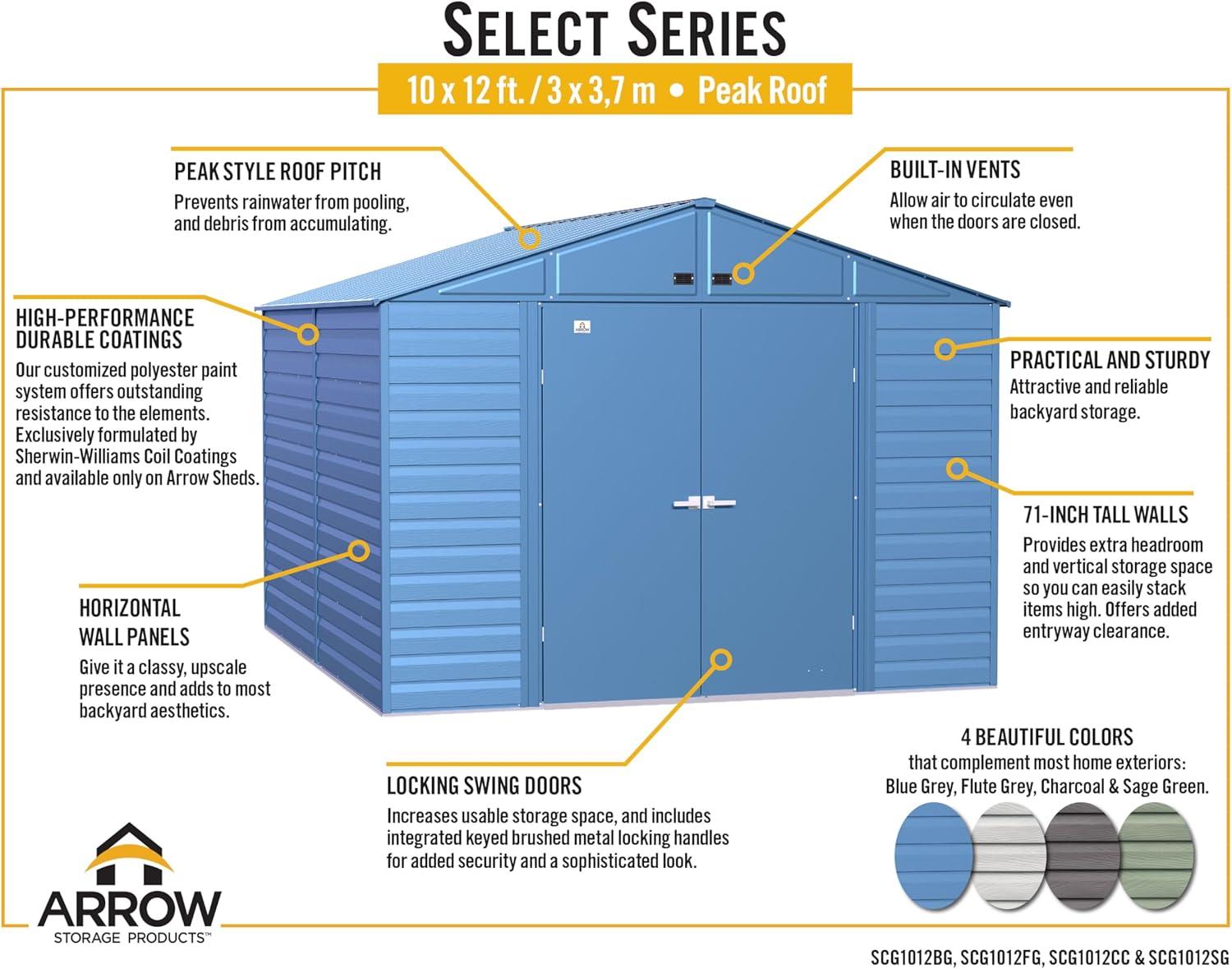 Arrow Select Steel Storage Shed Steel Storage Shed, 10x12, Flute Grey