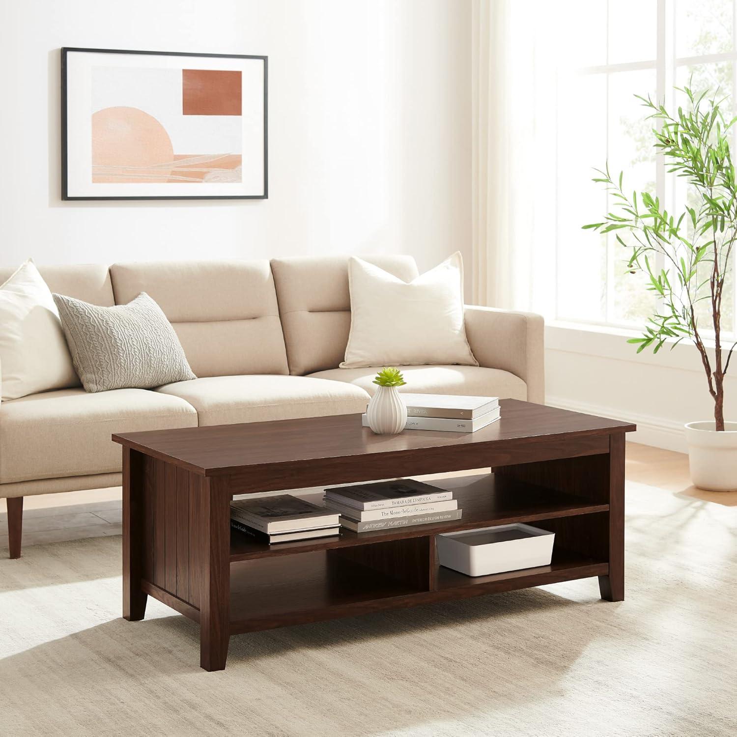 Dark Walnut Grooved Panel Coffee Table with Lower Shelf