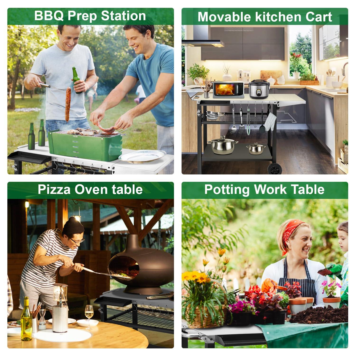 Werqueid Outdoor Grill Cart Table Pizza Oven Stand, Three-Shelf Stainless Steel Food Prep Table Patio BBQ Grill Table Bar Cart Kitchen Island with Wheels