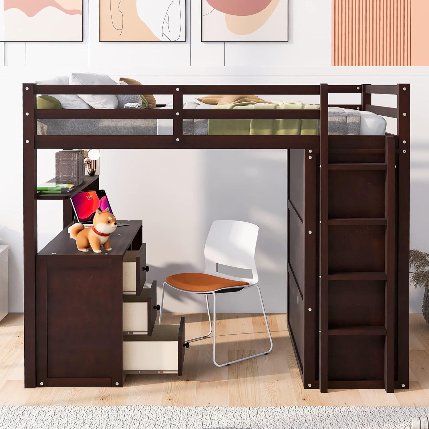 Loft Bed Full Size Adult, Wooden Frame with Desk and Wardrobe, Storage Design with Drawers & Shelf, for Teen Girls & Boys (Gray)