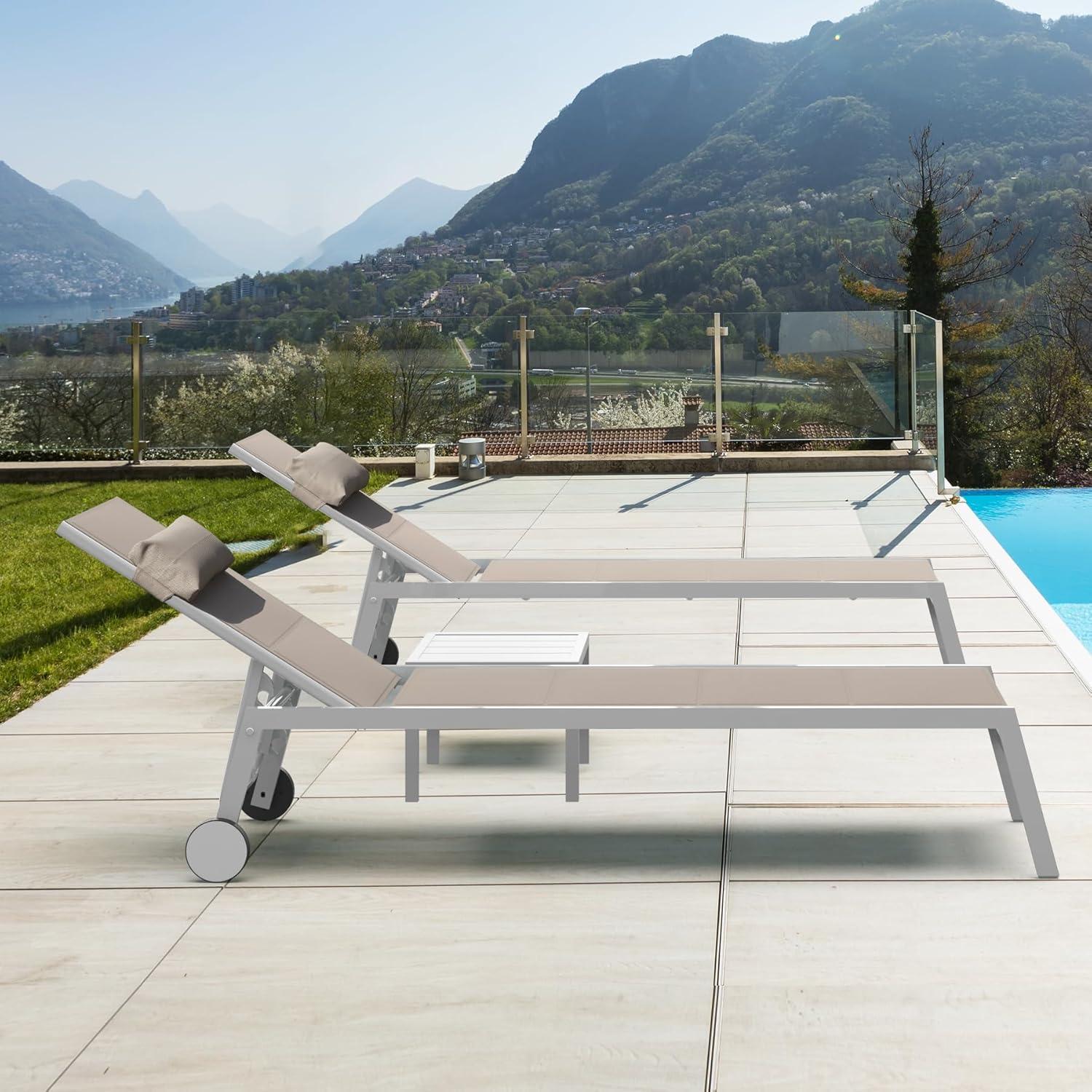 Khaki Aluminum Adjustable Outdoor Chaise Lounge Set with Side Table