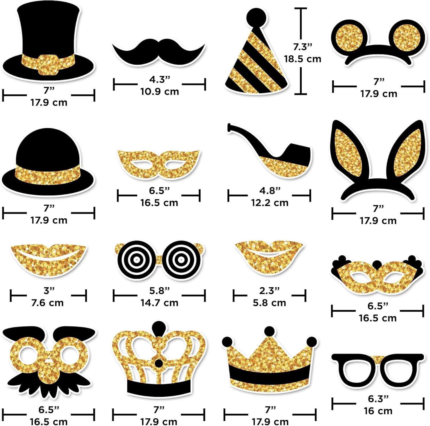 Photo Booth Props Kit, 16 Pcs Black & Gold Party Accessories by PixiPy