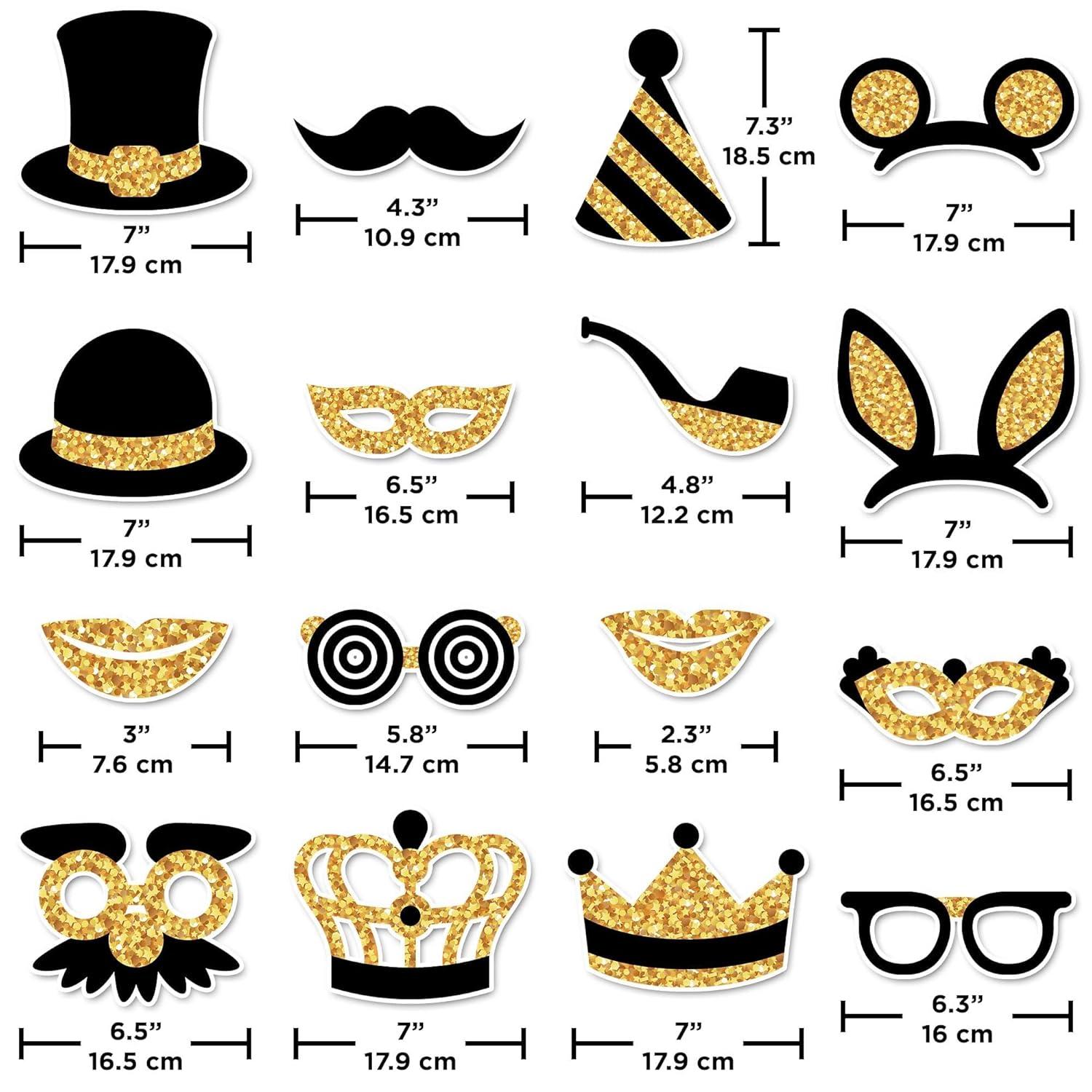 Photo Booth Props Kit, 16 Pcs Black & Gold Party Accessories by PixiPy