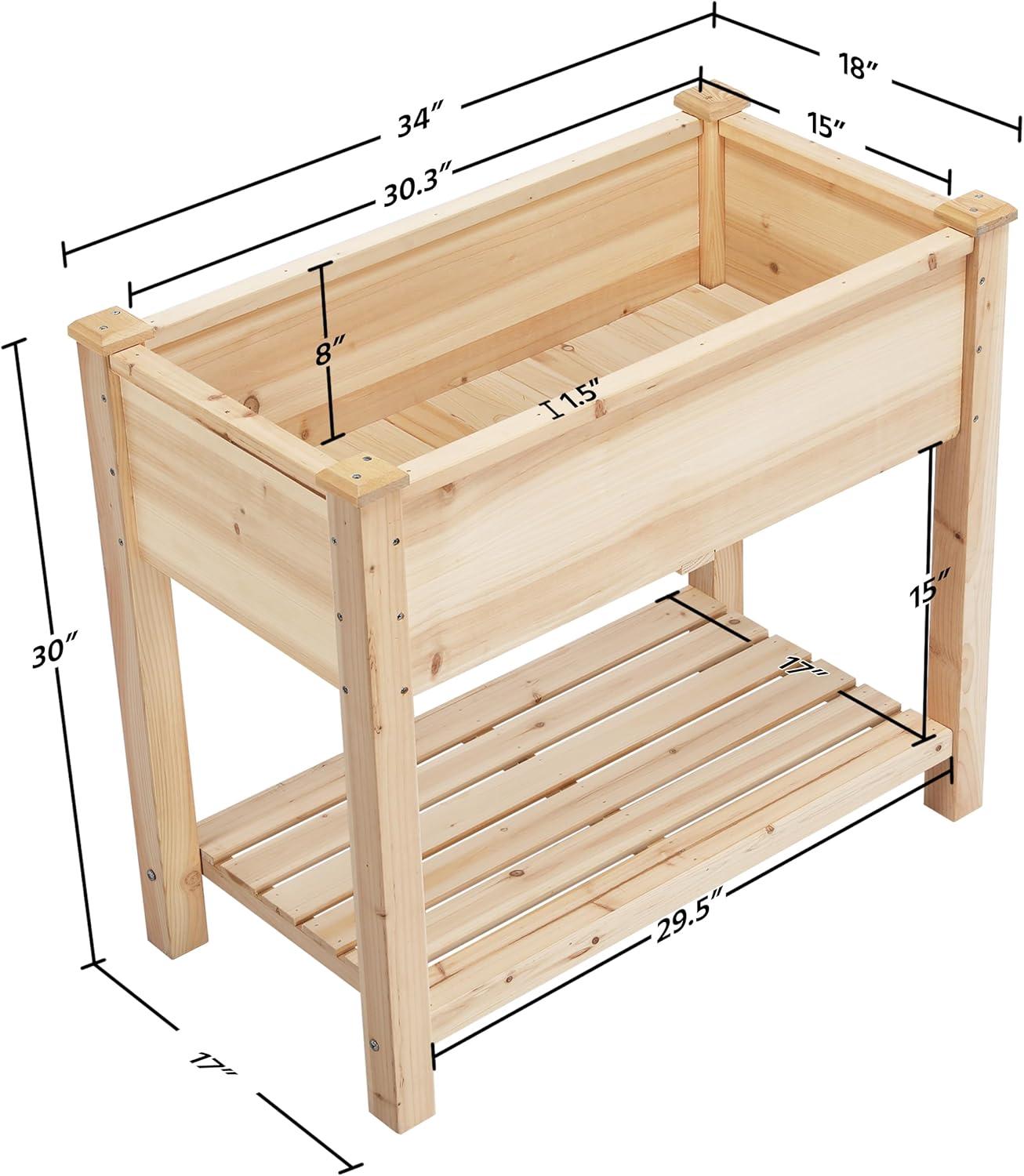 Natural Wood Raised Garden Bed with Storage Shelf