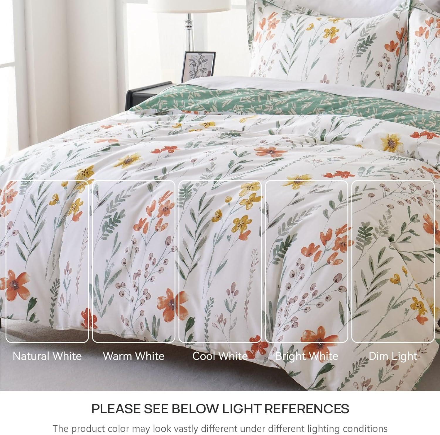 Queen White and Green Floral Reversible Microfiber Comforter Set