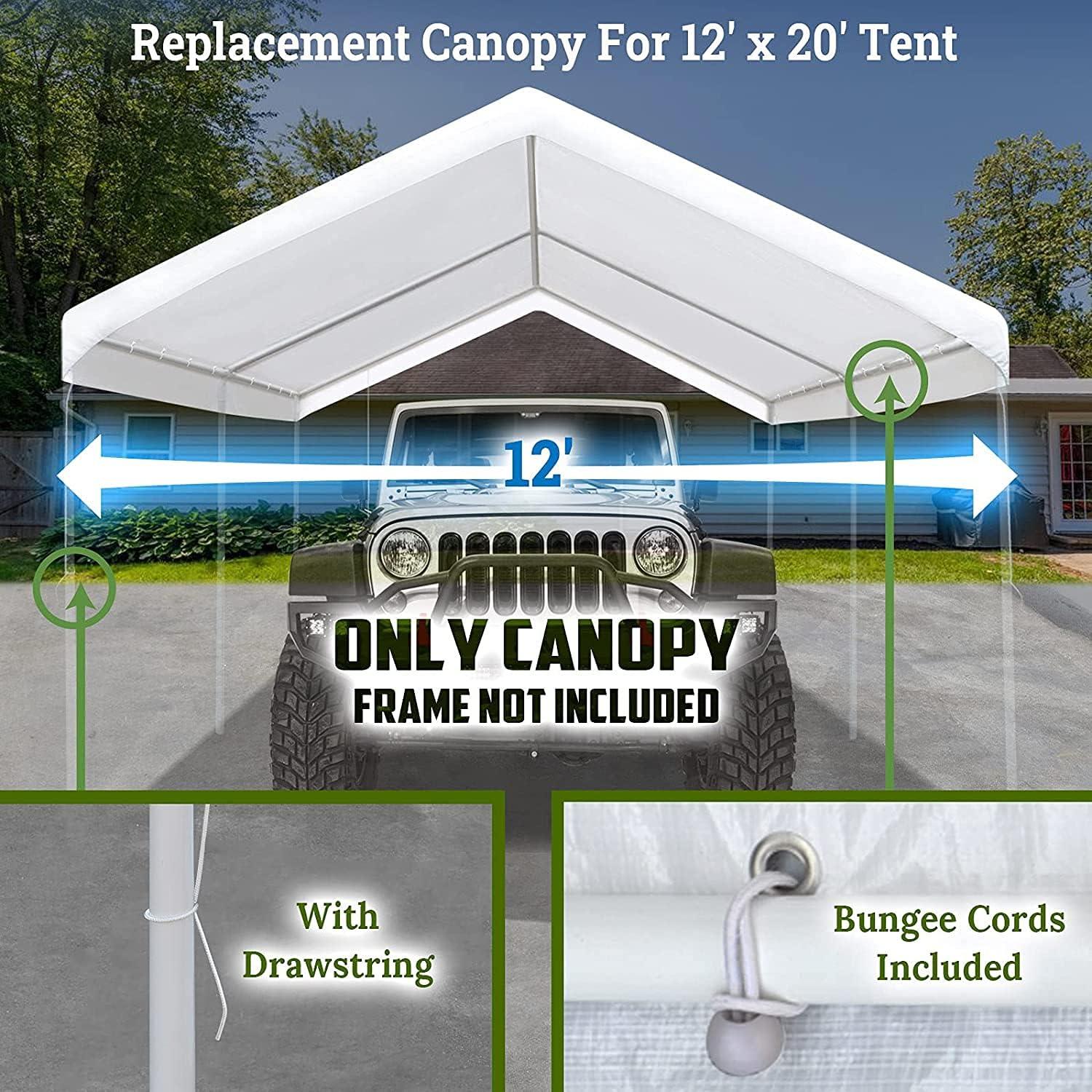 12 x 20 Feet Replacement Top Canopy Roof Cover for Carport Garage Shelter with Bungees, Frame Not Included (White)