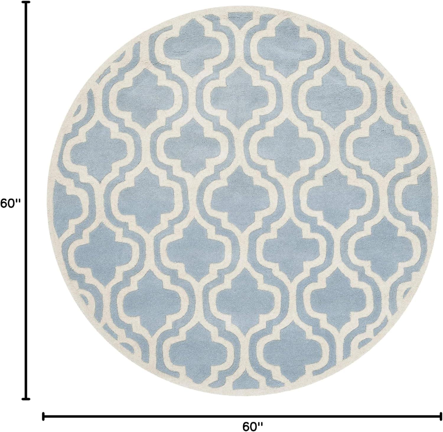 Handcrafted Blue & Ivory Round Wool Rug with Non-Slip Backing, 59"