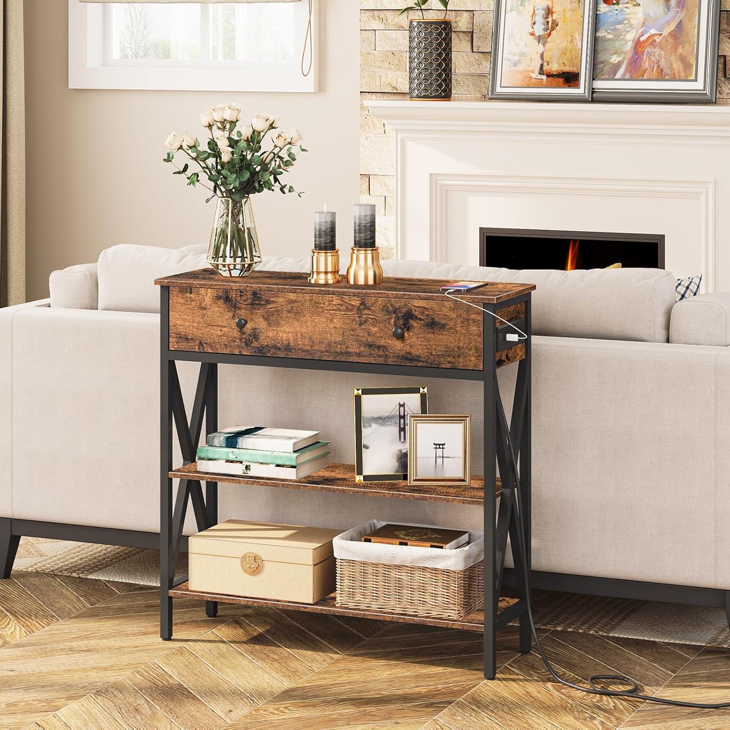 Rustic Brown Wood Console Table with Charging Station and Storage