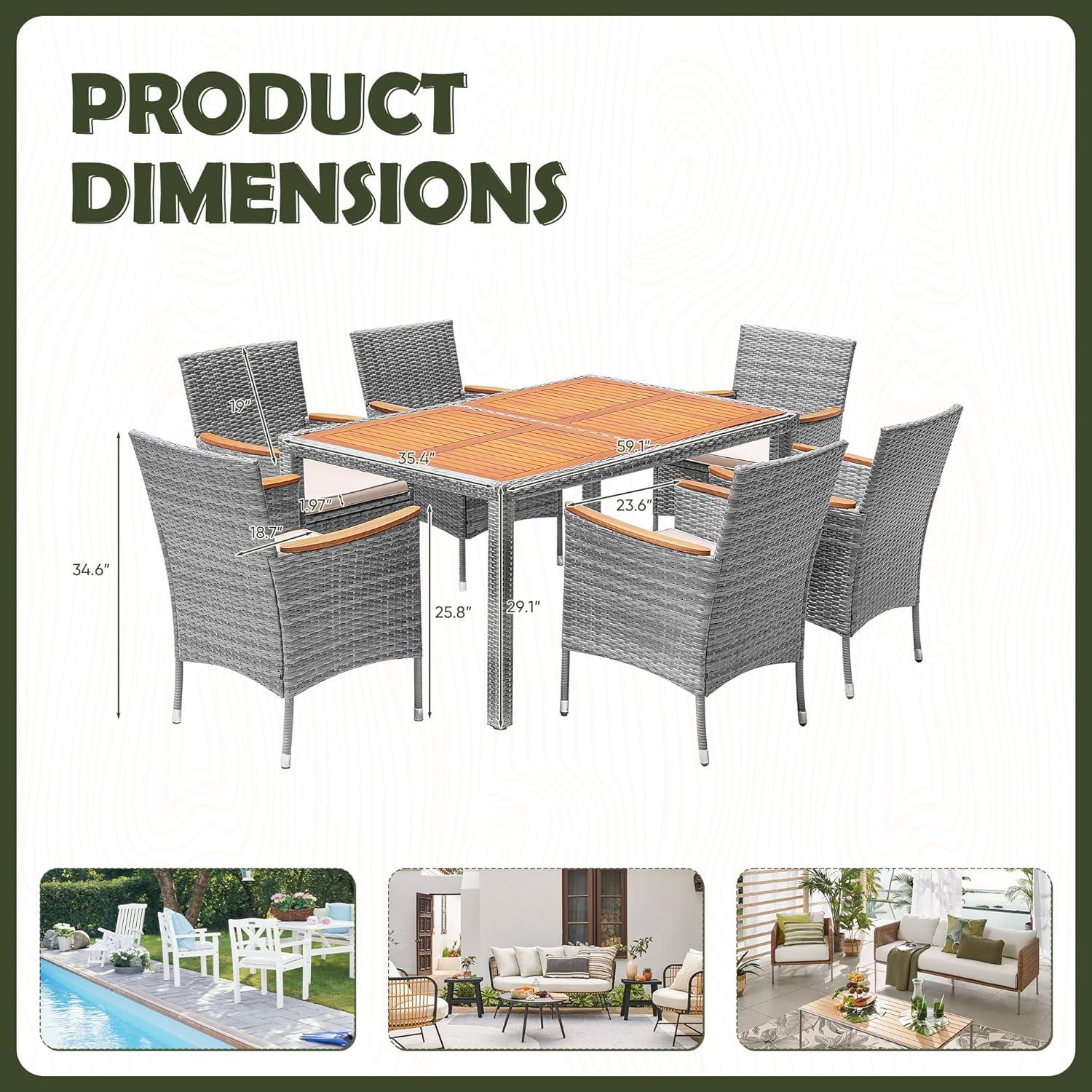 Gymax 7PCS Outdoor Dining Set Patio Acacia Wood and Rattan Furniture Set w/ Cushions