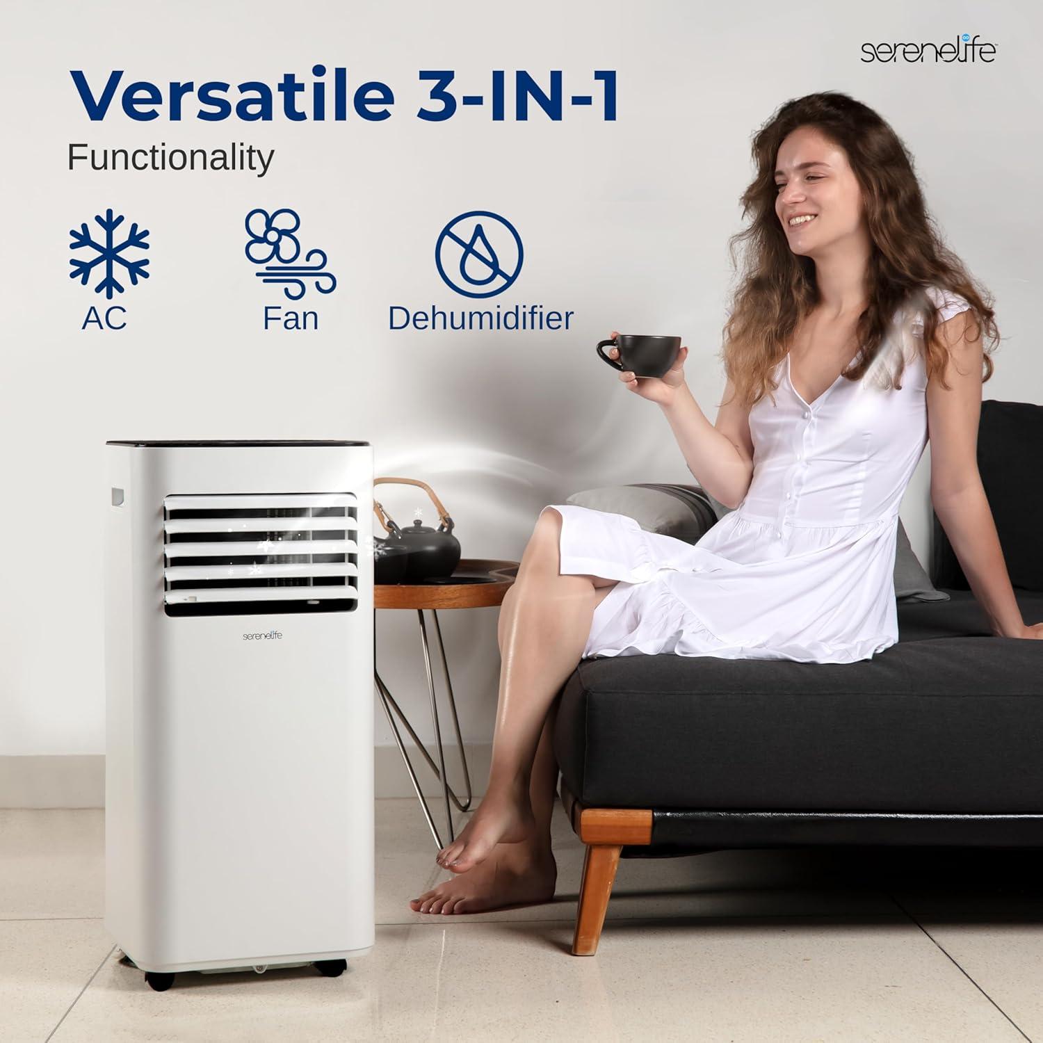 SereneLife Serenelife 8000 BTU Portable Air Conditioner - 3-In-1 Compact Standing Air Conditioner For Room Up To 300 Sq. Ft. - Floor AC Unit With Remote Control - Universal Casters, Window Mount Kit