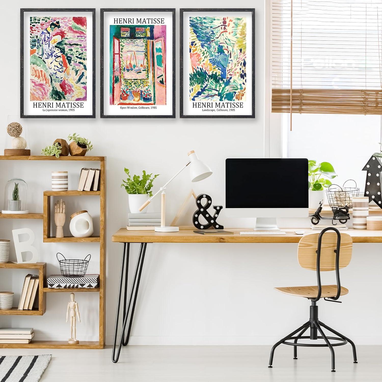 Vault W Artwork Set Of 3 16X11 Inch Large Rustic Farmhouse Aesthetic Wood Framed Matisse Sign Modern Home Bedroom Living Room Office Abstract Landscape Print Wall Hang (Wood) (Set of 3)