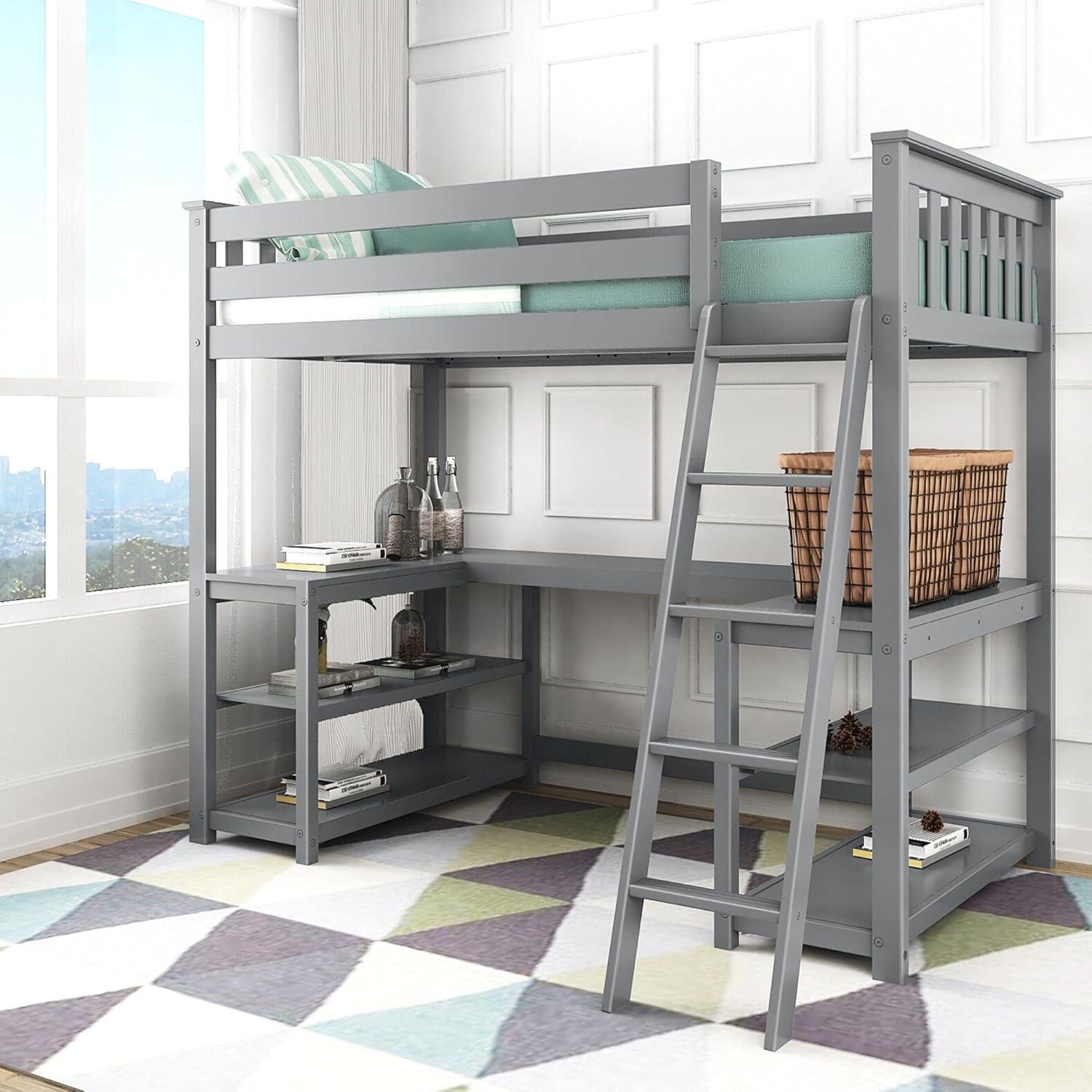 Max & Lily Loft Bed, Solid Wood Twin High Loft Bed with Bookcase and Desk for Kids, White