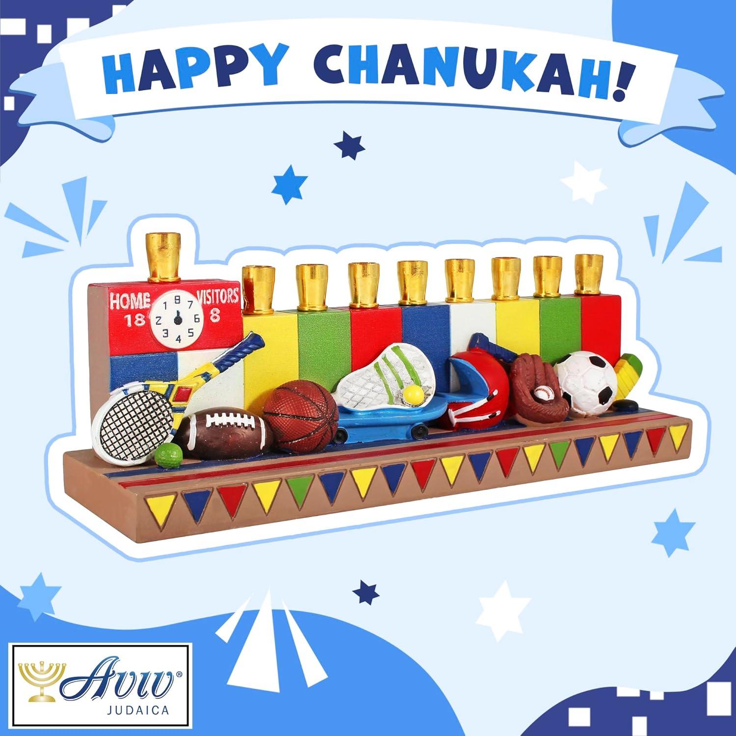 Aviv Judaica Hanukkah Sports Menorah for Kids Polyresin Chanukah Candles Menorah for Children 3D Sculptured Boys & Girls Ball Games Hanukkiah Baseball Hanukkiah Basketball Chanukiah Football Minorah