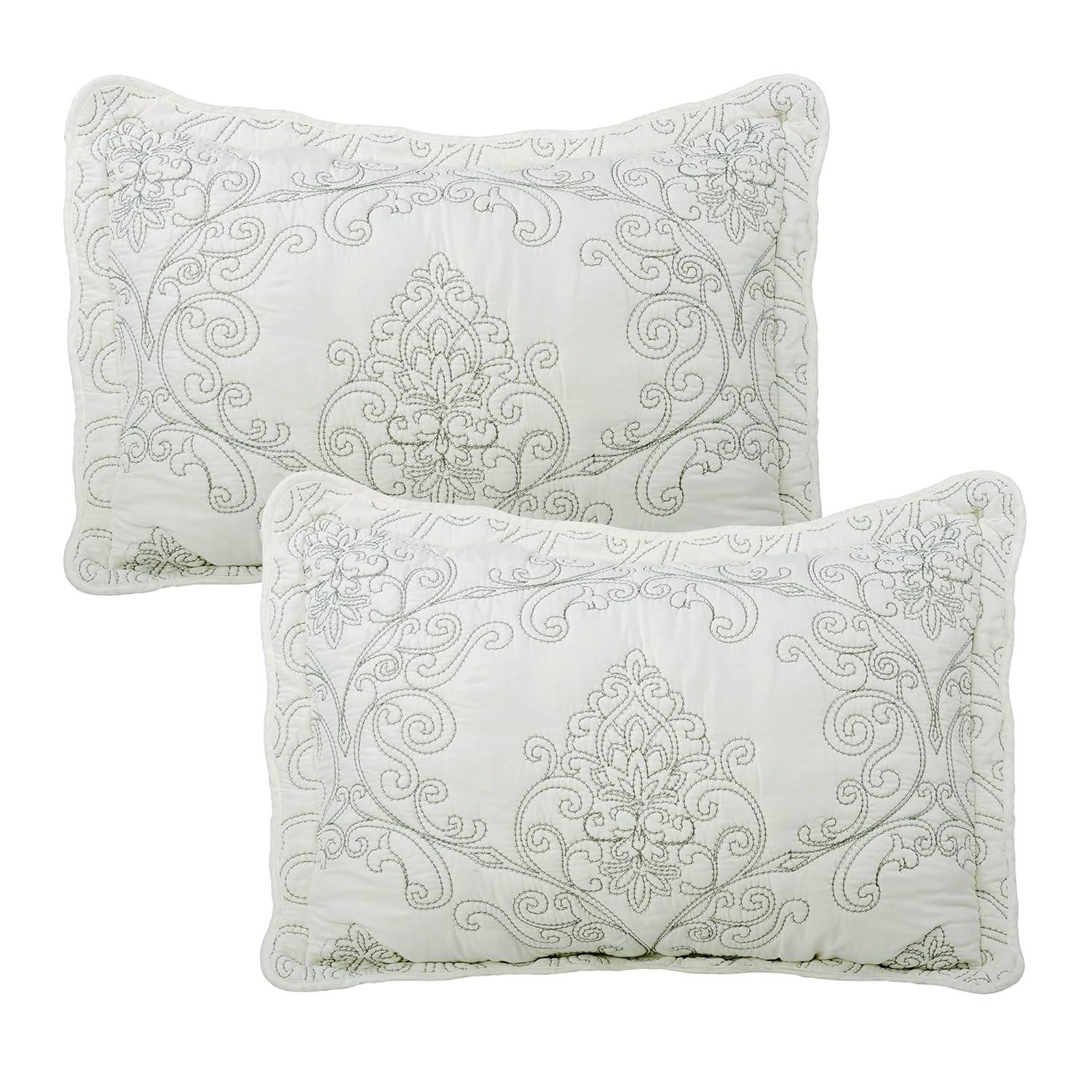 Home Soft Things 4-Piece Reversible Damask Embroidery Bedspread Set, Antique White, Oversized Queen 110"x120"