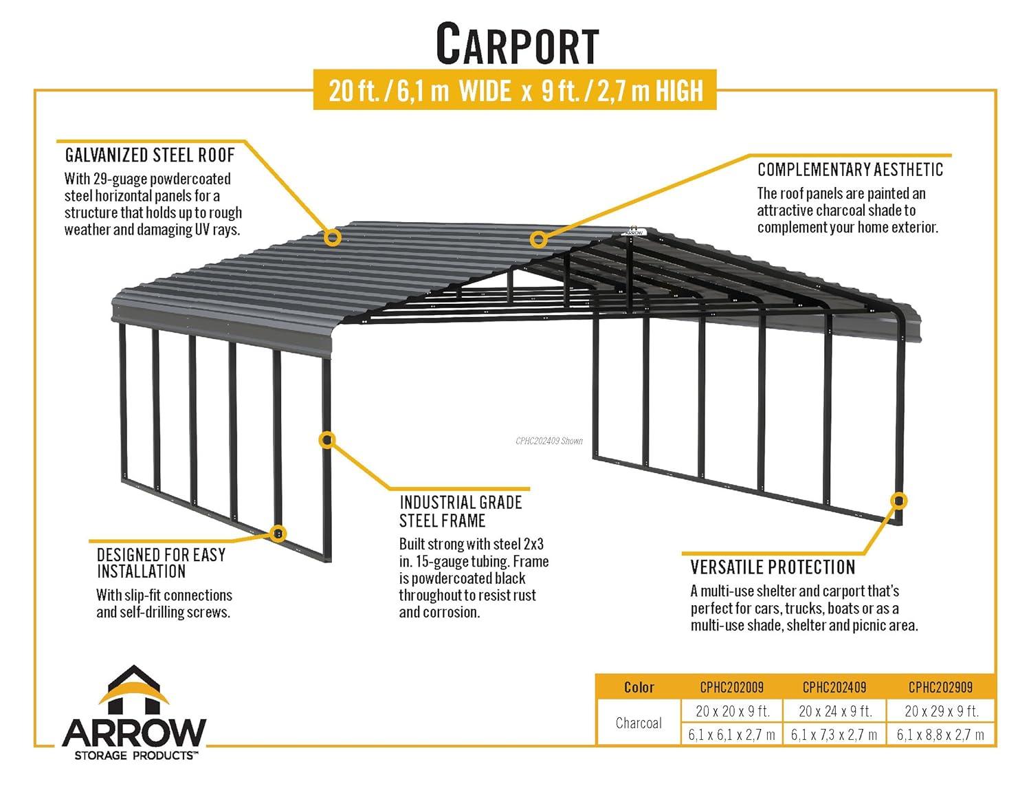 Arrow Arrow Carport, 20 ft. x 24 ft. x 9 ft.